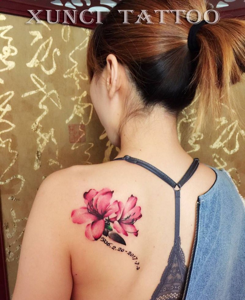 金达莱纹身图片_成品背部肩部手稿清新写实国画静物原创植物纹身图案