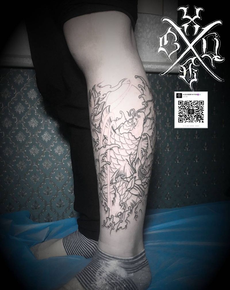 招财鱼线条，未完纹身图片