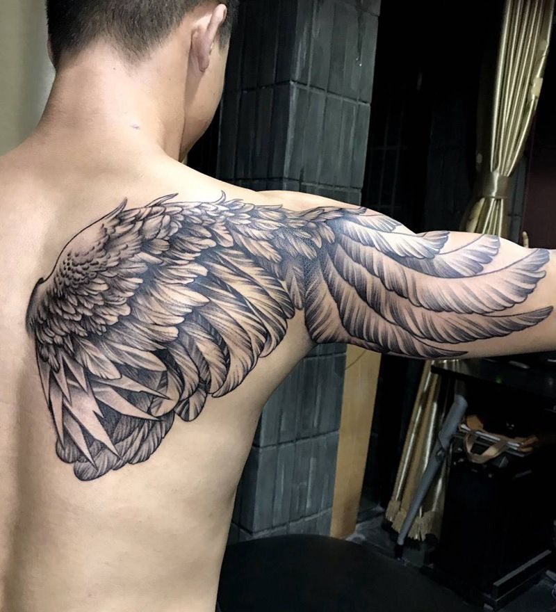 翅膀纹身图片_成品肩部手臂背部欧美宗教鬼神动物纹身图案