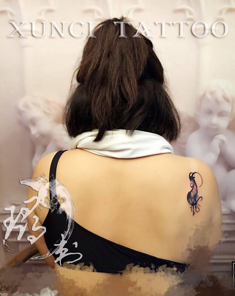 摩羯座♑️纹身图片_成品肩部背部清新原创鬼神动物宗教欧美国画纹身图案
