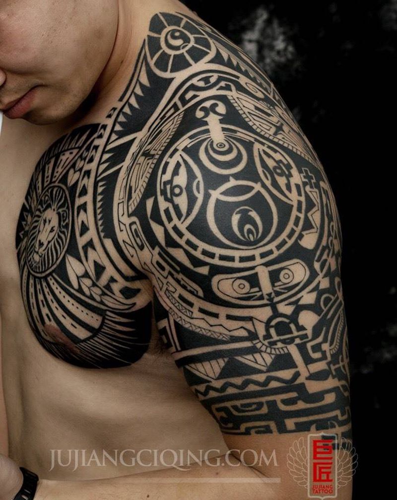 巨石强森升级版纹身图片_成品肩部手臂胸部图腾培训纹身图案