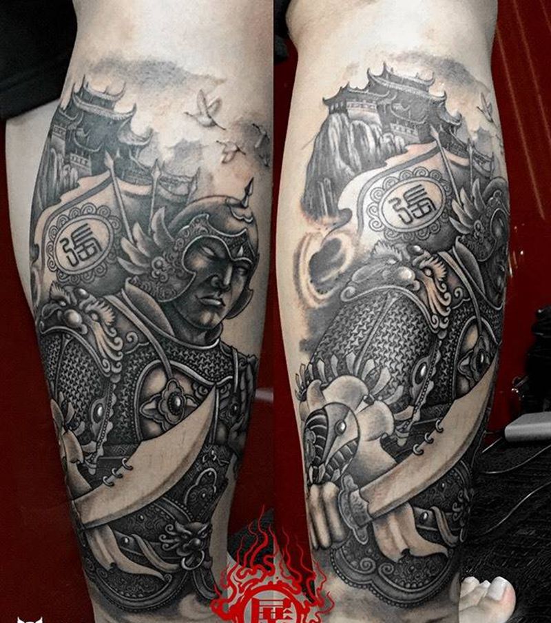 武将纹身图片_成品腿部传统人物纹身图案