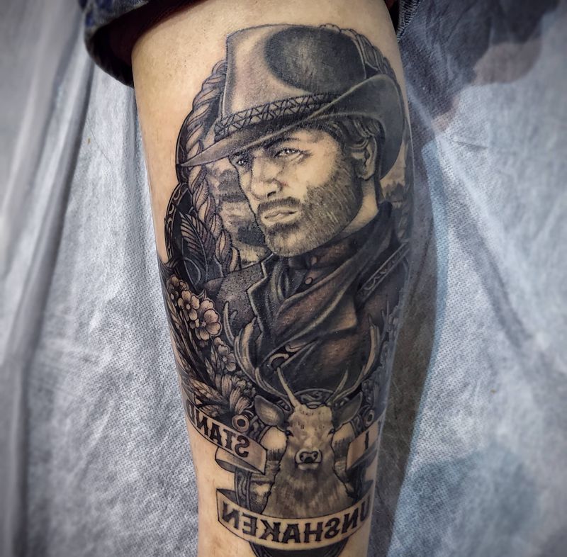 荒野大镖客纹身图片_腿部纹身图案