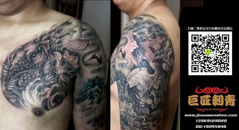 半甲“延年益寿”纹身图片_成品胸部手臂传统纹身图案