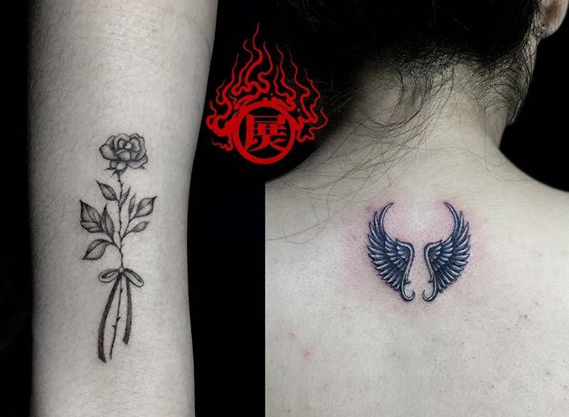 小花 翅膀纹身图片