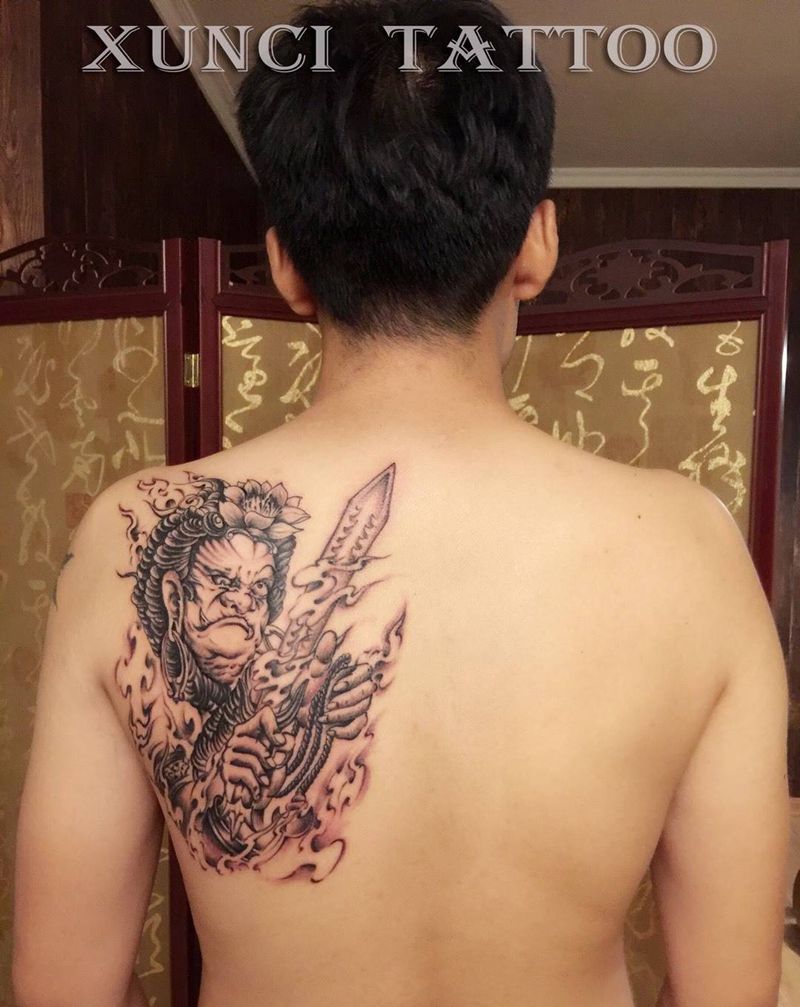 不动尊菩萨纹身图片_成品手稿颈部肩部背部传统鬼神宗教人物肖像纹身图案