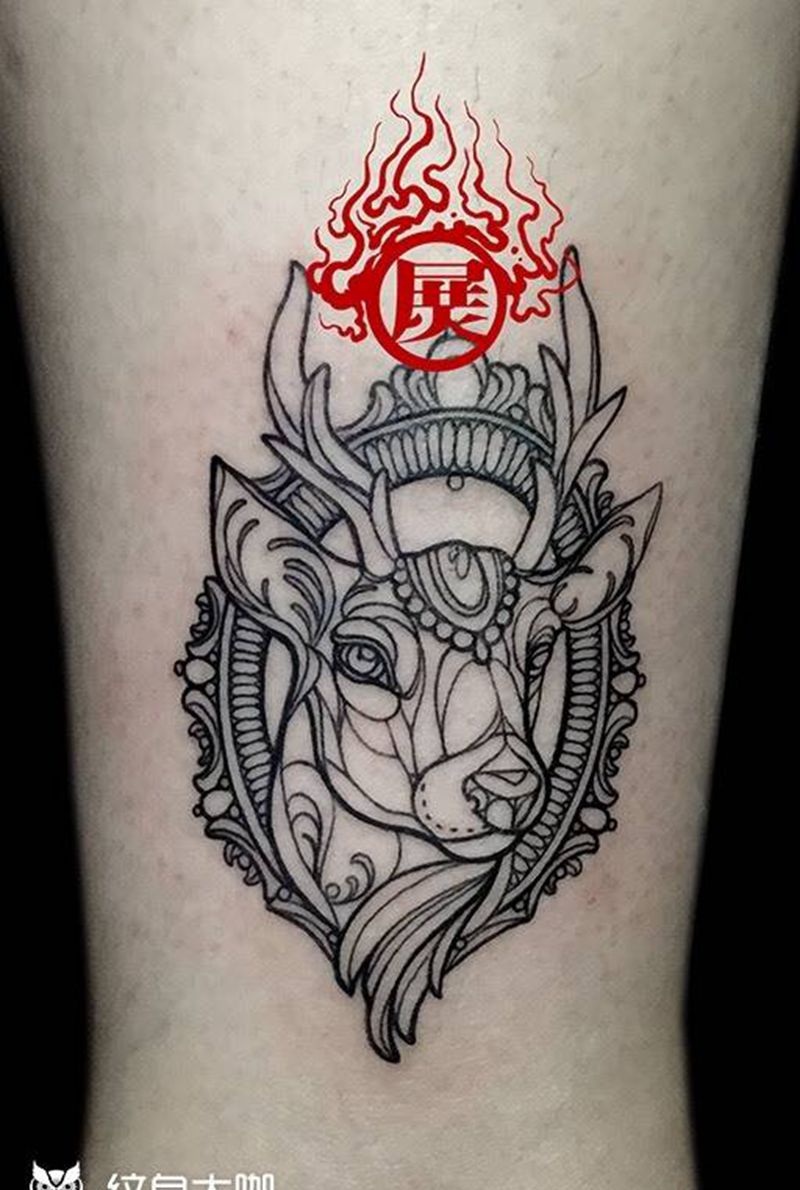 鹿纹身图片_成品脚部清新欧美动物纹身图案