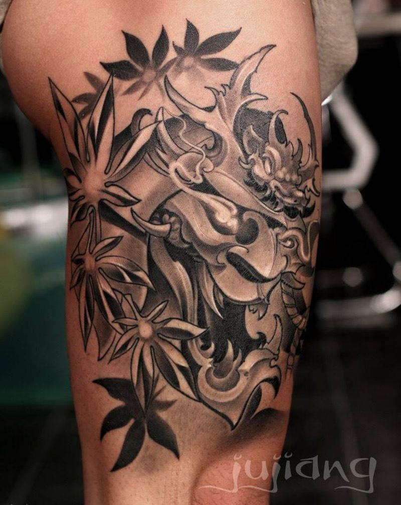 黑灰作品纹身图片_成品腿部传统鬼神原创培训纹身图案