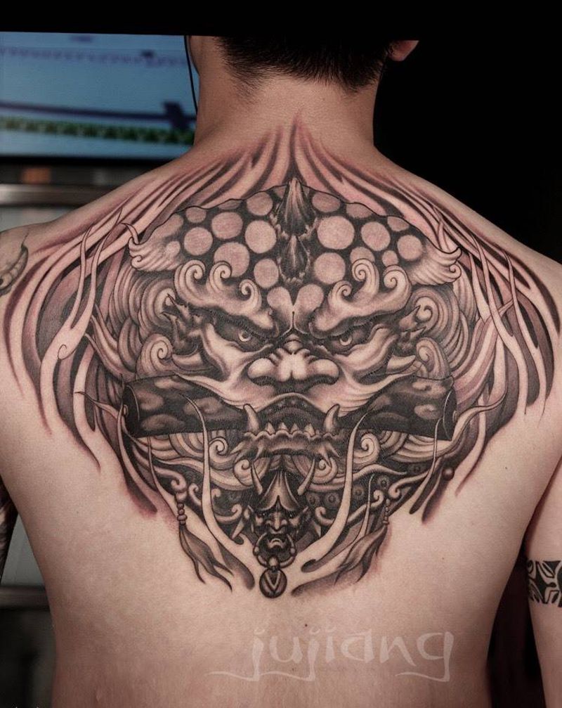 半背唐狮纹身图片_手稿背部传统动物原创培训纹身图案