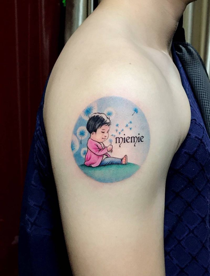 童趣纹身图片_成品手臂肩部传统清新人物原创纹身图案