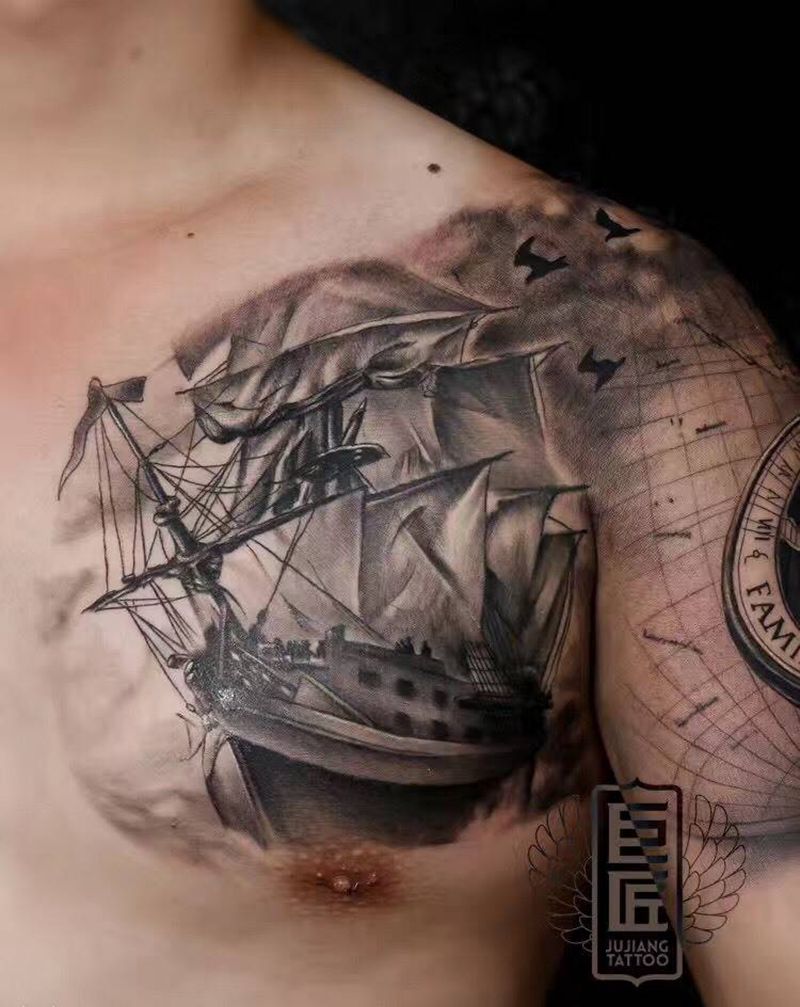 欧美帆船纹身图片_成品胸部写实欧美静物纹身图案