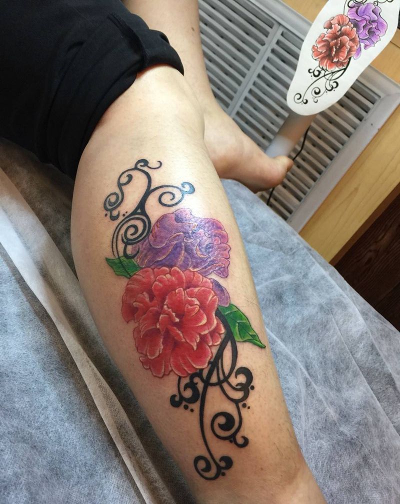 芙蓉纹身图片_成品腿部植物纹身图案