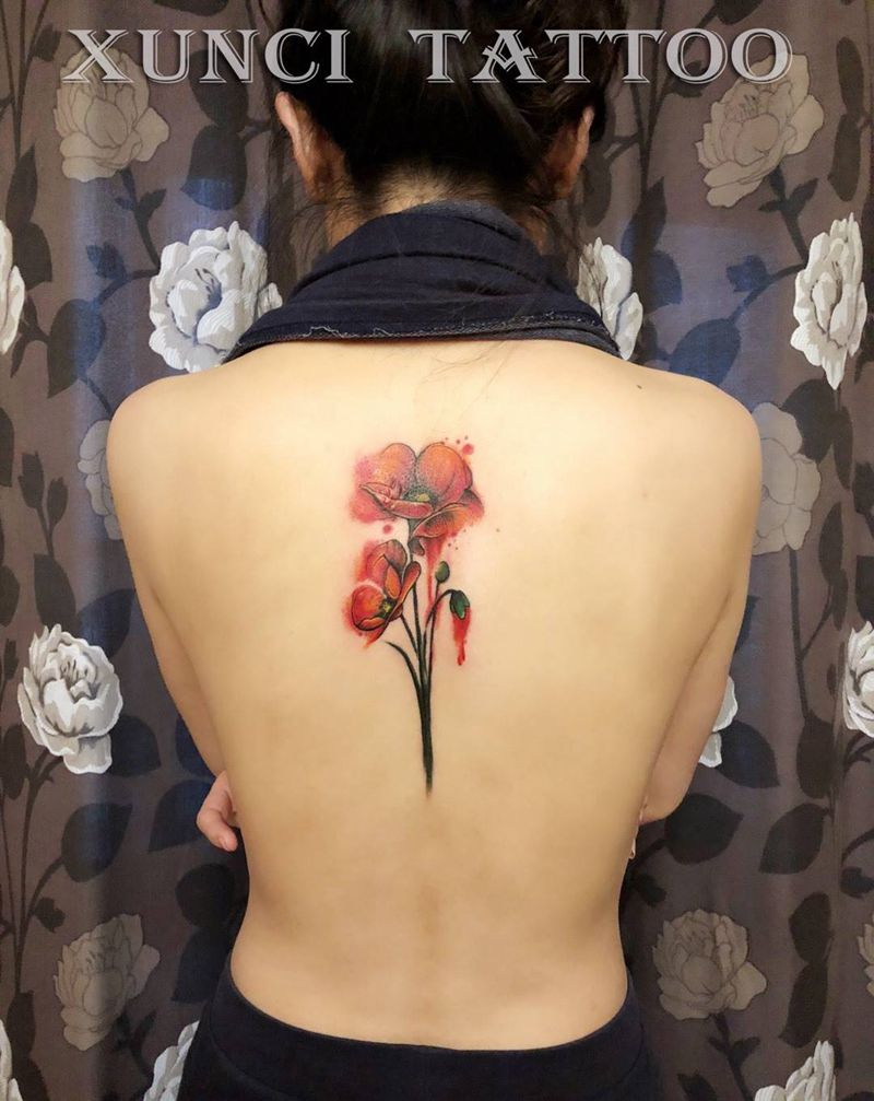 罂粟纹身图片_成品肩部背部欧美国画清新静物植物传统几何纹身图案