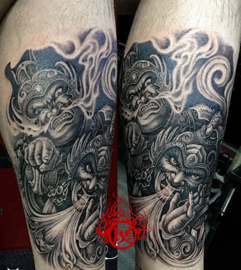 哼哈二将纹身图片_成品腿部传统人物纹身图案