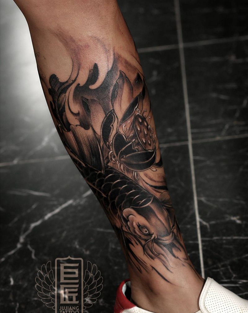 鲤鱼跃龙门纹身图片_腿部新传统原创纹身图案