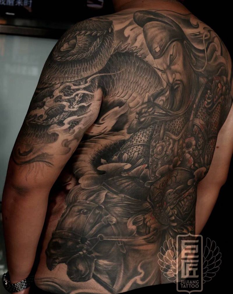 遮盖作品纹身图片_背部新传统关公纹身图案