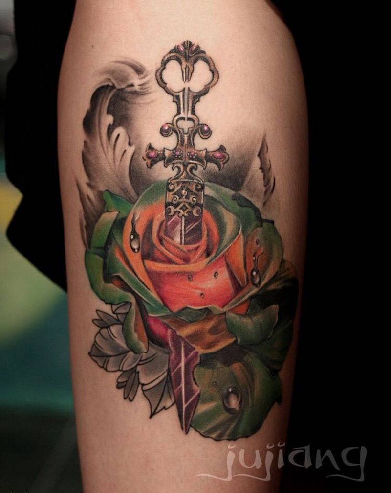 欧美彩色纹身图片_成品腿部欧美植物原创培训纹身图案