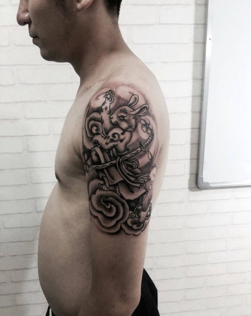 兔子武士纹身图片_成品手臂传统人物纹身图案