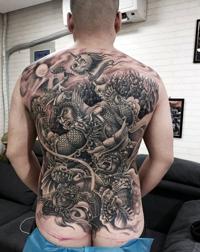 赵云纹身图片_成品背部传统人物赵子龙纹身图案