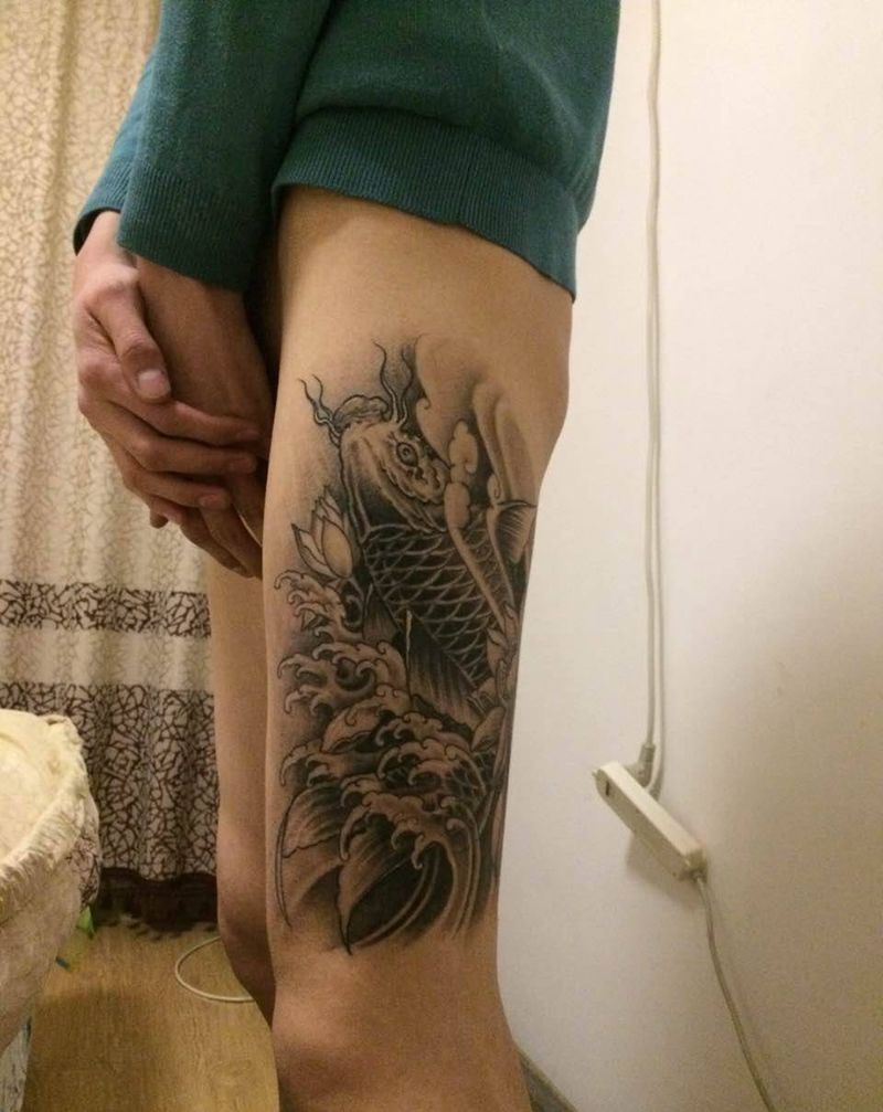 鱼纹身图片_成品腿部传统纹身图案