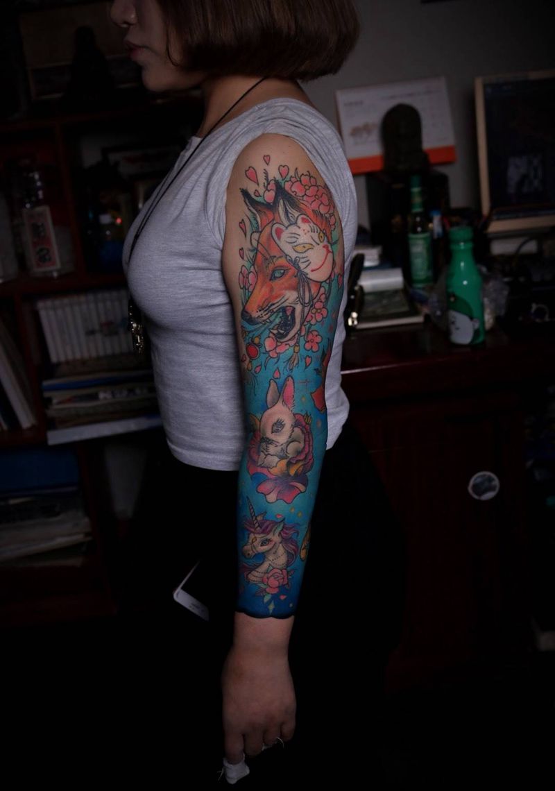 School 花臂加彩色背景，下次继续！[呲牙]纹身图片_成品手臂欧美动物植物纹身图案