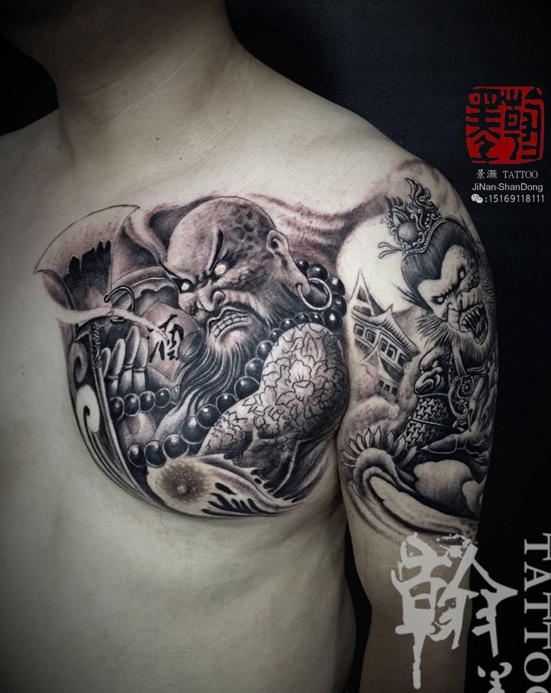半甲鲁智深纹身图片_胸部手臂传统鬼神齐天大圣成品纹身图案