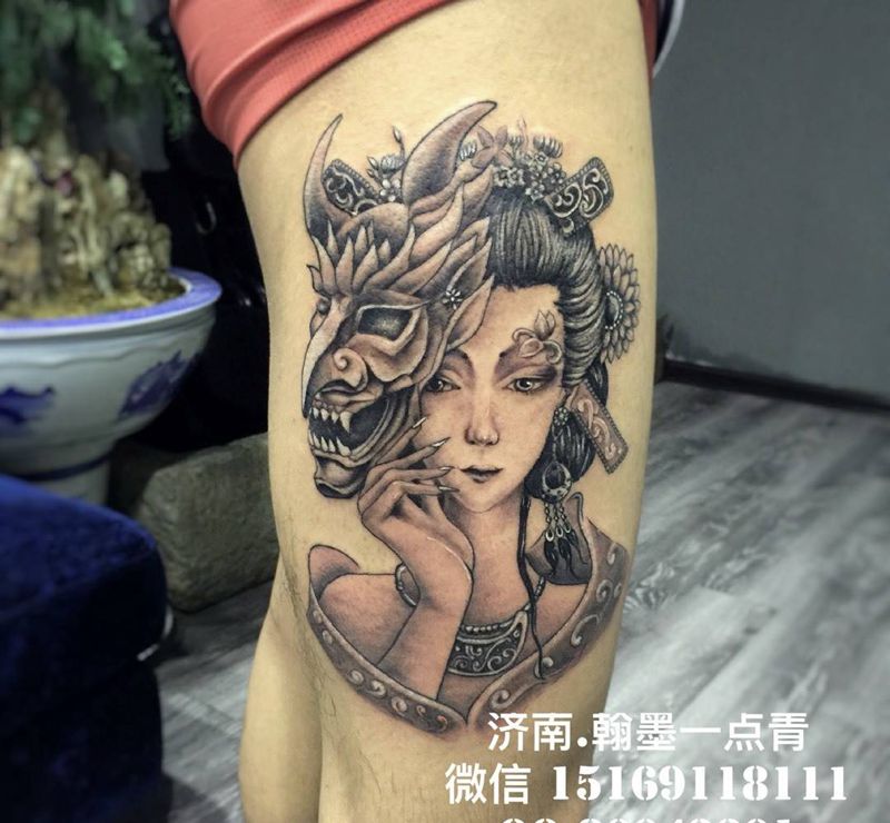 艺妓纹身图片_腿部肖像纹身图案