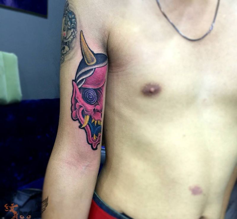 彩色般若纹身图片_成品手臂传统鬼神纹身图案