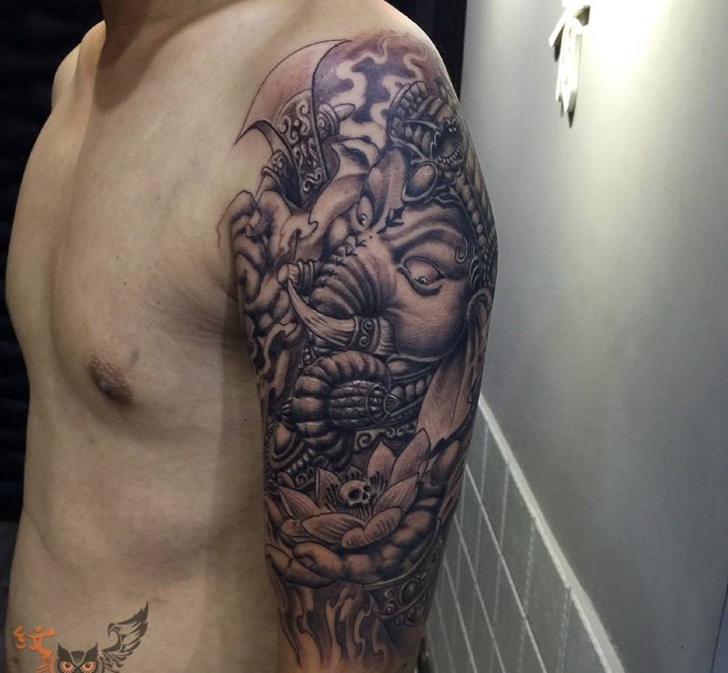 象神纹身图片_成品手臂传统宗教纹身图案