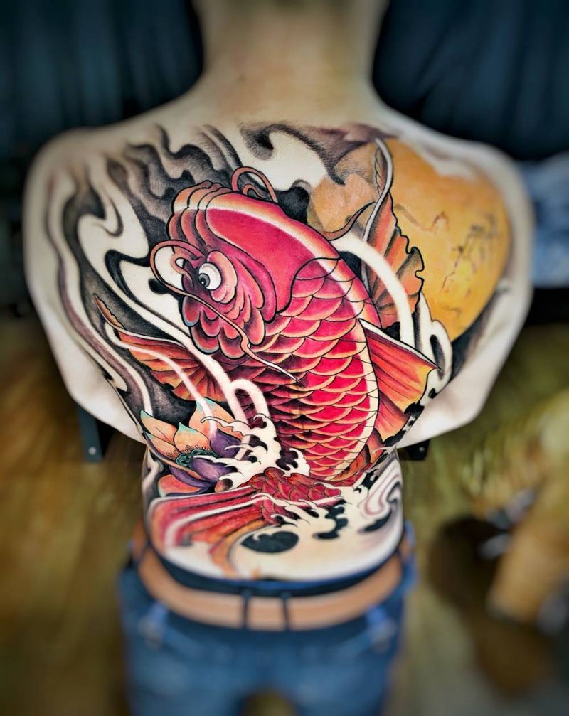 满背鲤鱼纹身图片_成品原创传统腹部腰部肩部背部腿部手臂胸部纹身图案