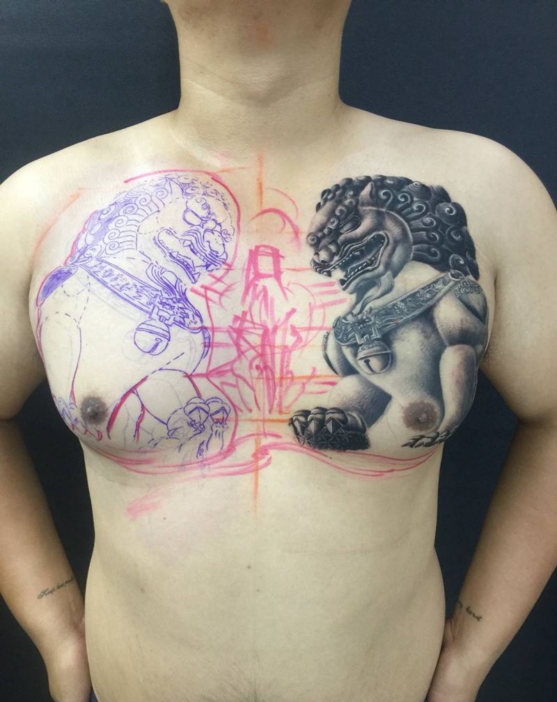 ……纹身图片_成品胸部传统宗教神兽纹身图案