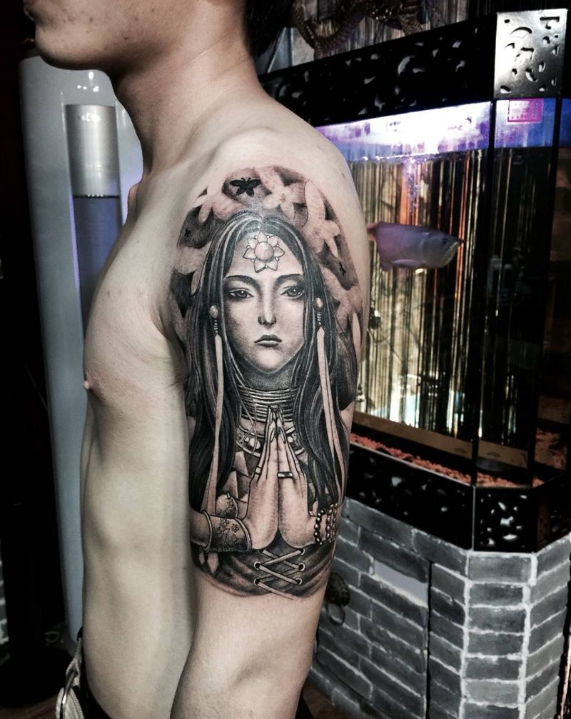 小白插画纹身图片_成品手臂肖像人物纹身图案