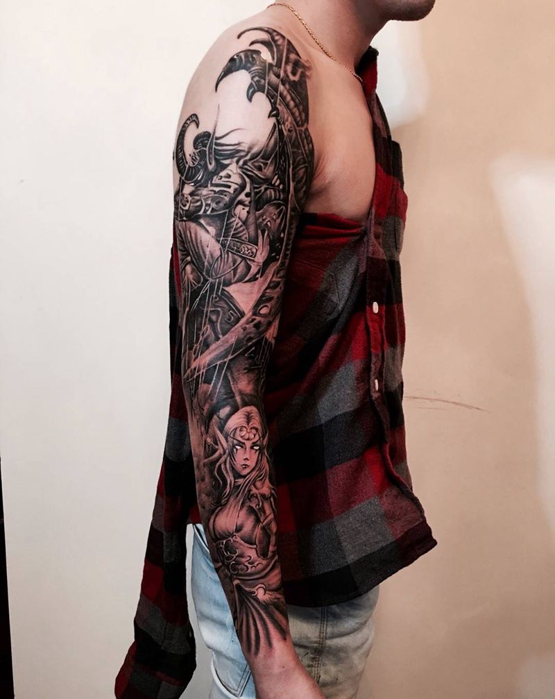 伊利丹和泰兰德纹身图片_手臂欧美魔兽世界成品纹身图案