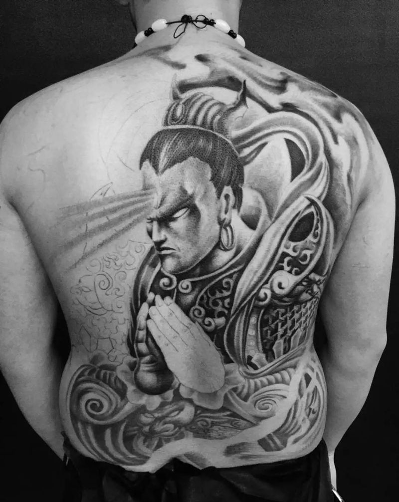 显圣真君纹身图片_成品背部传统宗教二郎神纹身图案