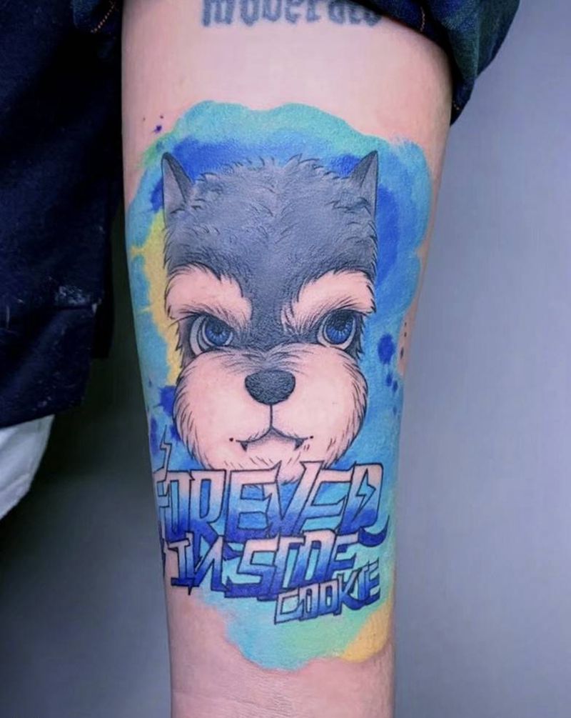 雪纳瑞纹身图片_手臂水彩狗纹身图案