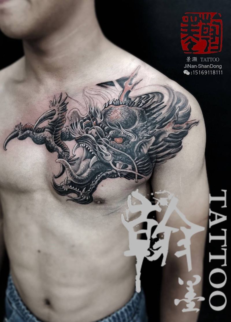 胸口龙 半甲未完成纹身图片