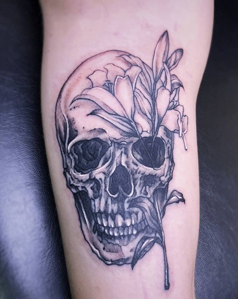 插花骷髅纹身图片_手臂欧美写实骷髅暗黑纹身图案