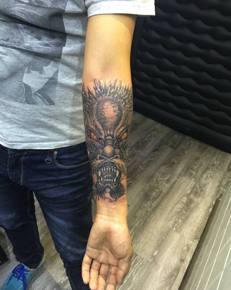 龙头纹身图片_成品手臂传统神兽纹身图案
