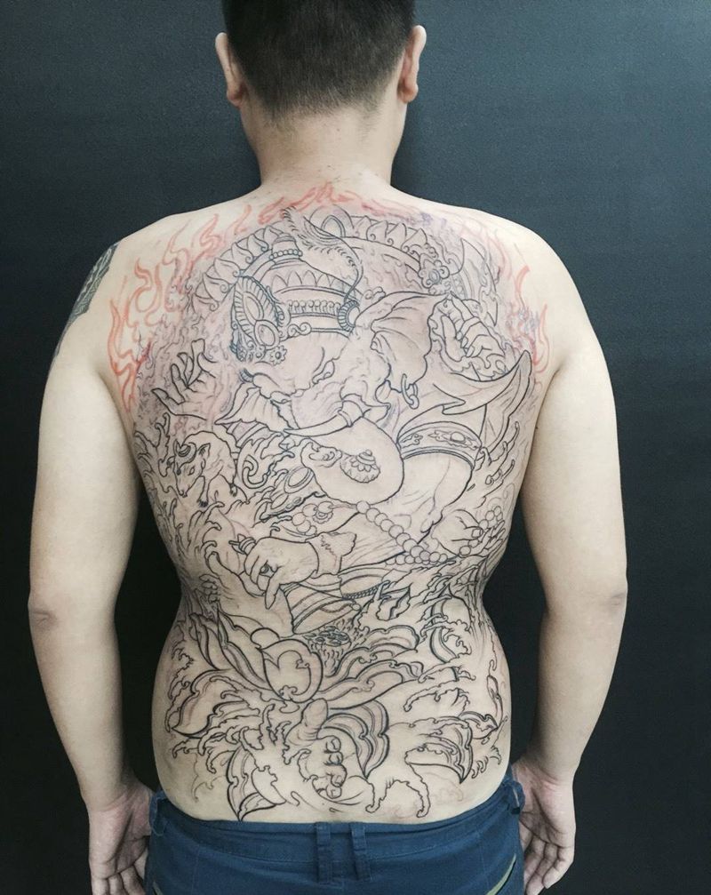 满背象神纹身图片_成品背部传统宗教象神纹身图案