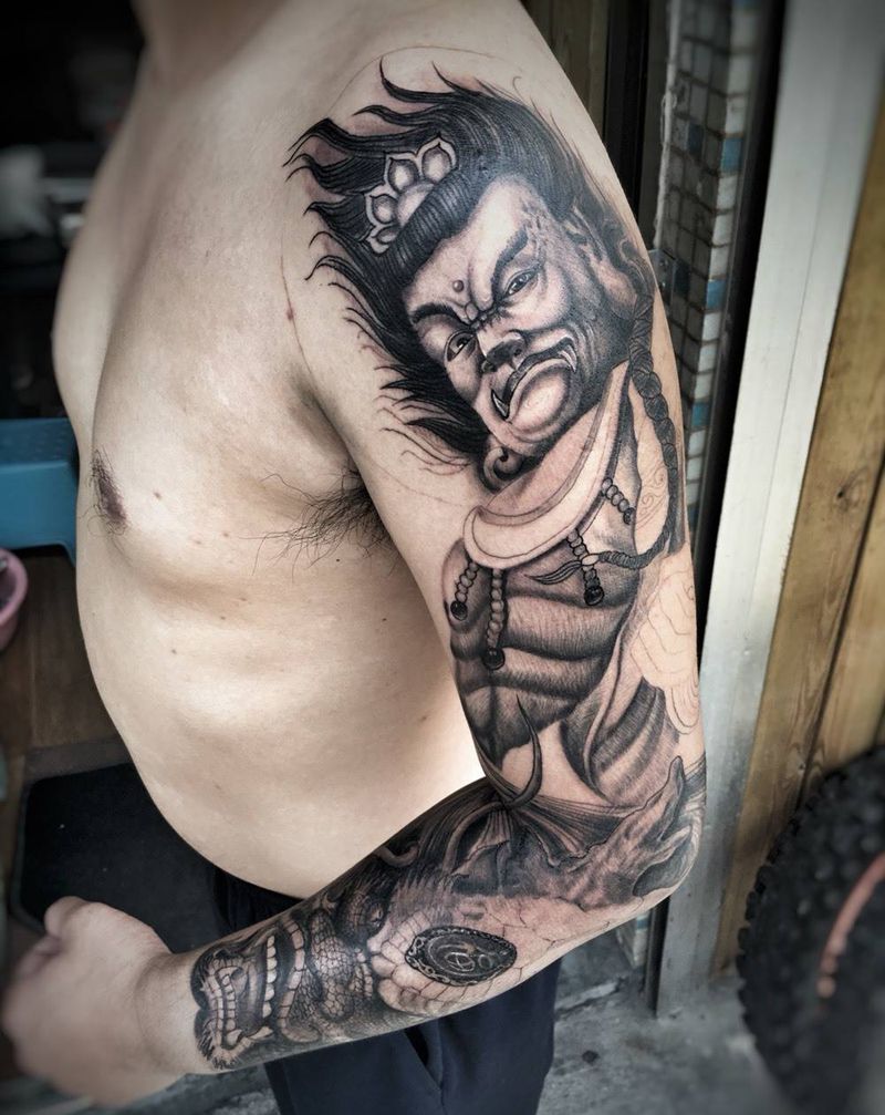 明王花臂纹身图片_成品原创传统手臂腿部背部胸部肩部腹部腰部纹身图案