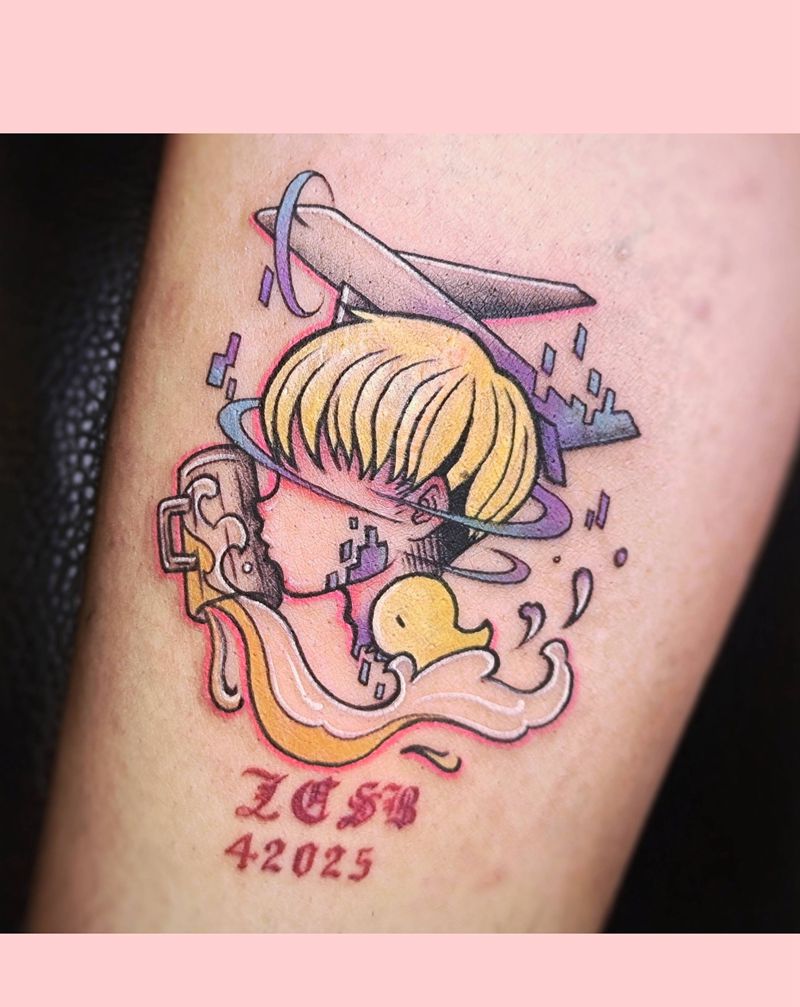 男孩和三个东西纹身图片_脚部腿部Old School原创纹身图案