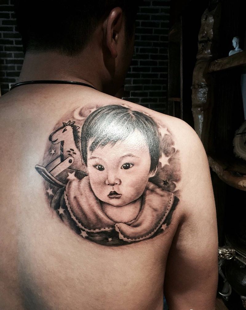 父爱如山纹身图片_成品肩部肖像人物纹身图案