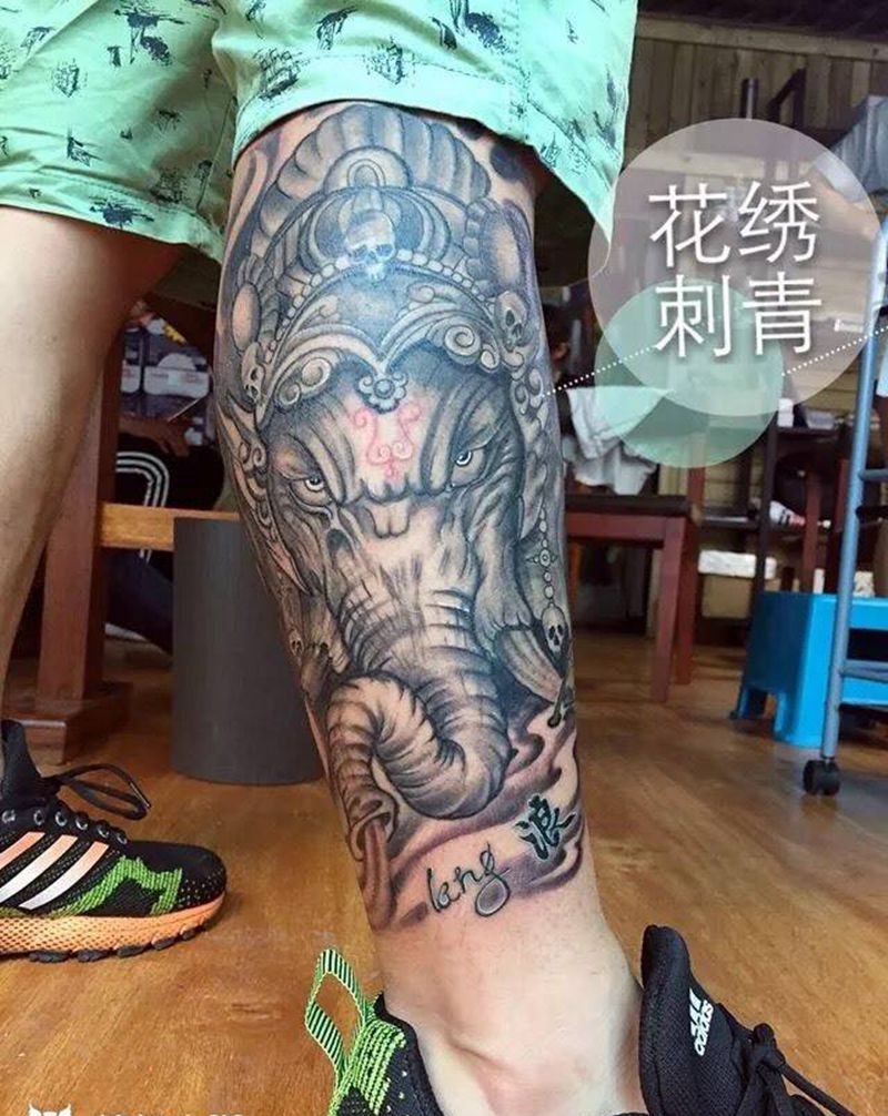 象神小腿纹身图片_成品腿部传统原创纹身图案