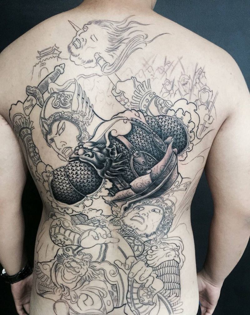长坂坡★青釭剑纹身图片_成品背部传统人物纹身图案