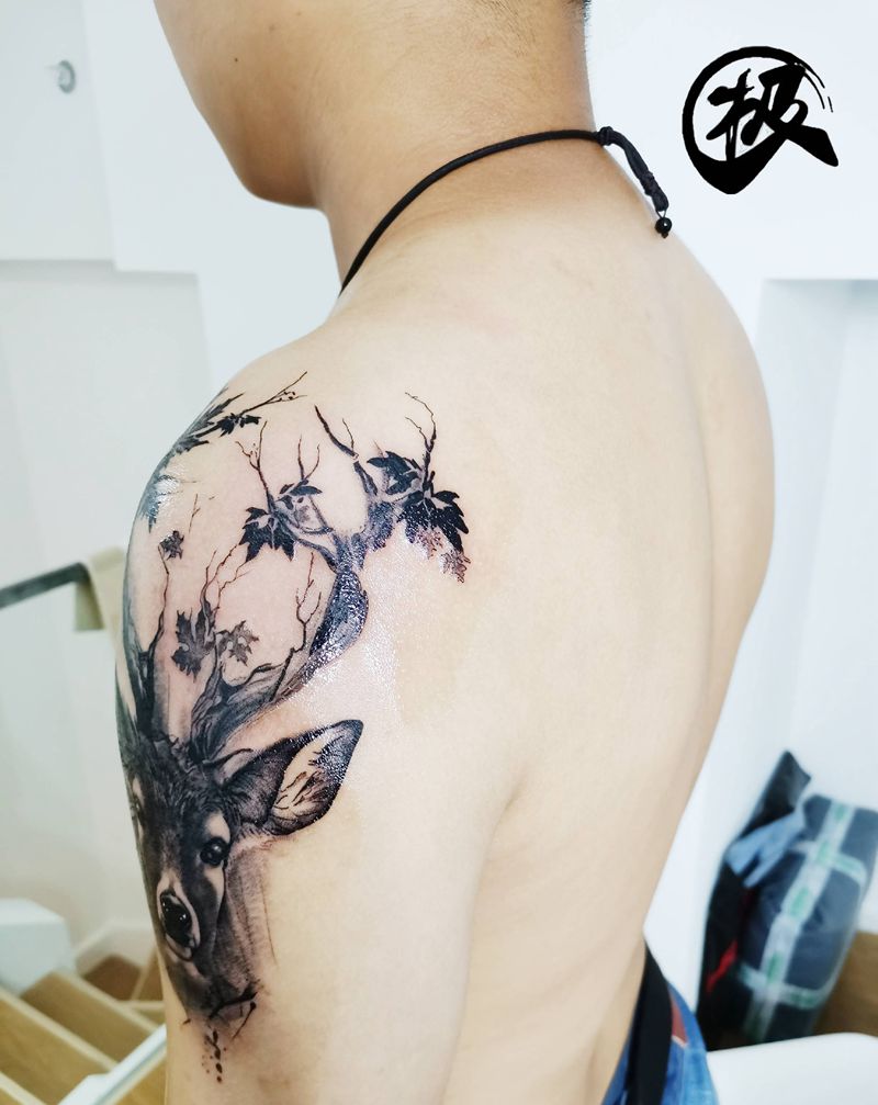 小鹿纹身图片_手臂欧美写实纹身图案