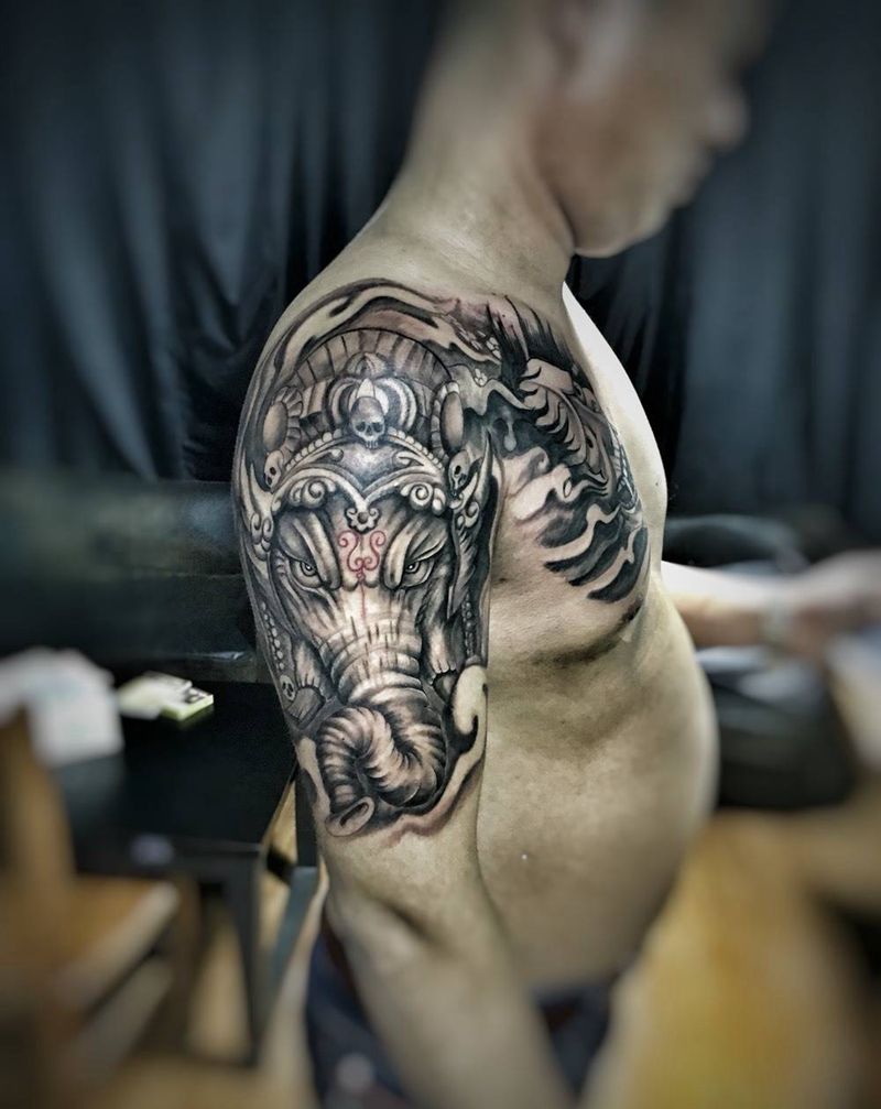 象神and般若纹身图片_成品原创传统腿部手臂背部胸部肩部腰部腹部纹身图案