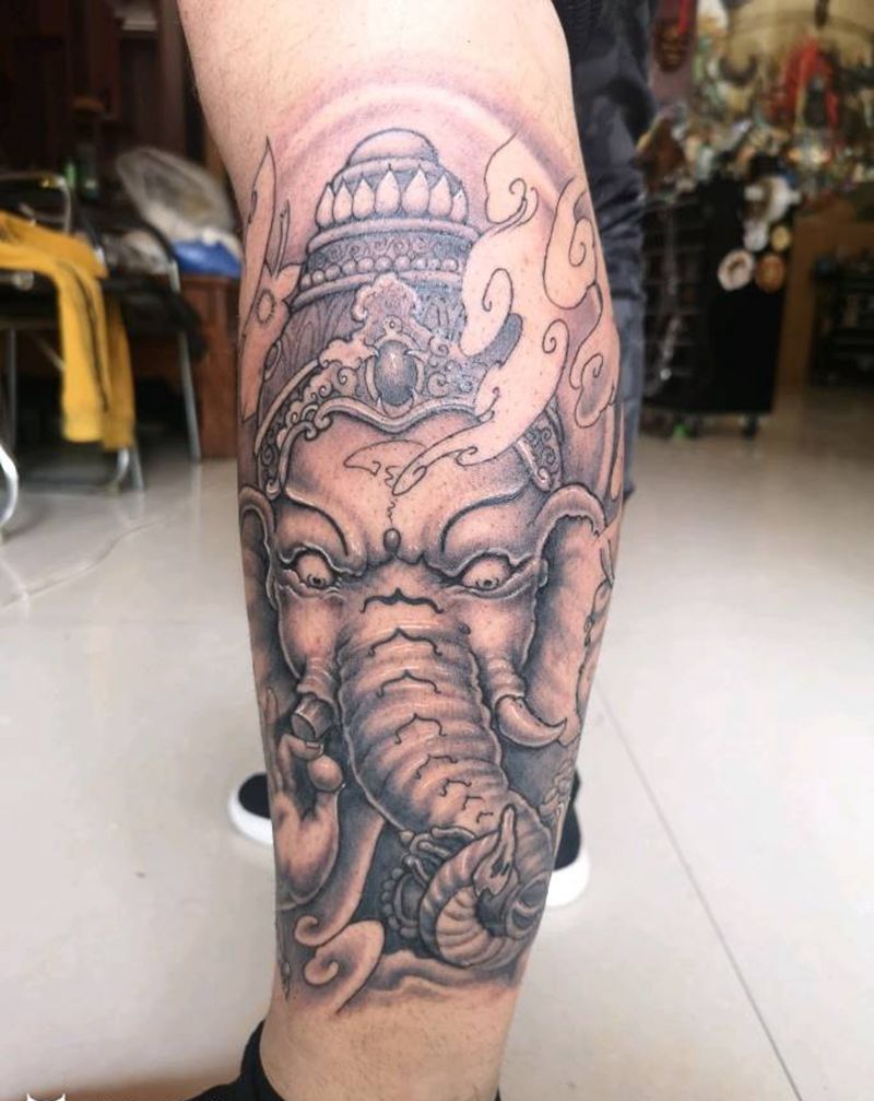 小腿象神纹身图片_腿部新传统象神纹身图案