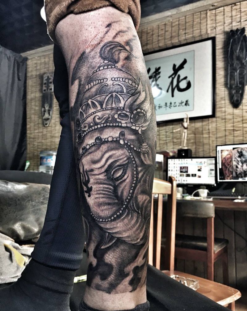 鲤鱼象神包小腿纹身图片_成品原创传统腿部肩部手臂背部腰部胸部腹部纹身图案