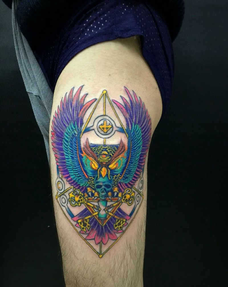 猫头鹰纹身图片_成品腿部欧美动物猫头鹰纹身图案