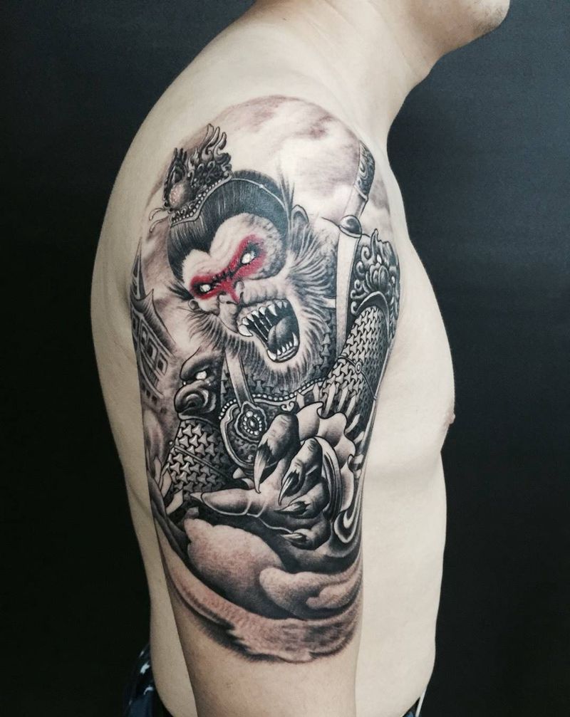 放肆桀骜纹身图片_成品手臂传统宗教齐天大圣纹身图案